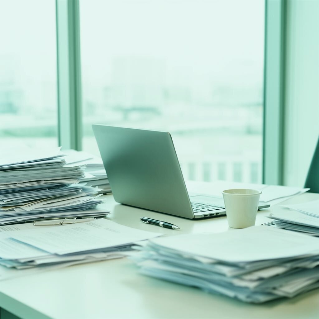 Senior executive's busy desk with stacks of paperwork and a laptop