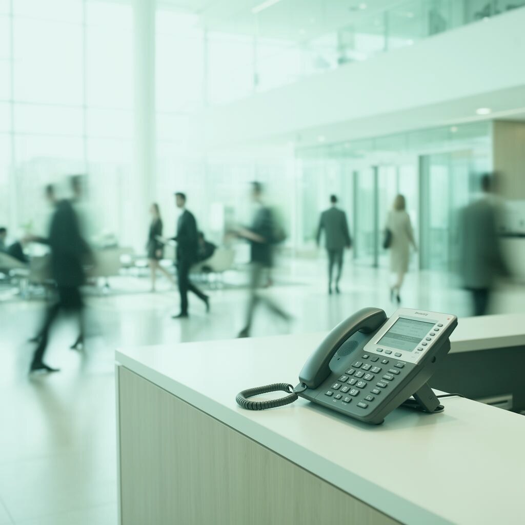 Busy modern office lobby conveying a hard-to-reach executive