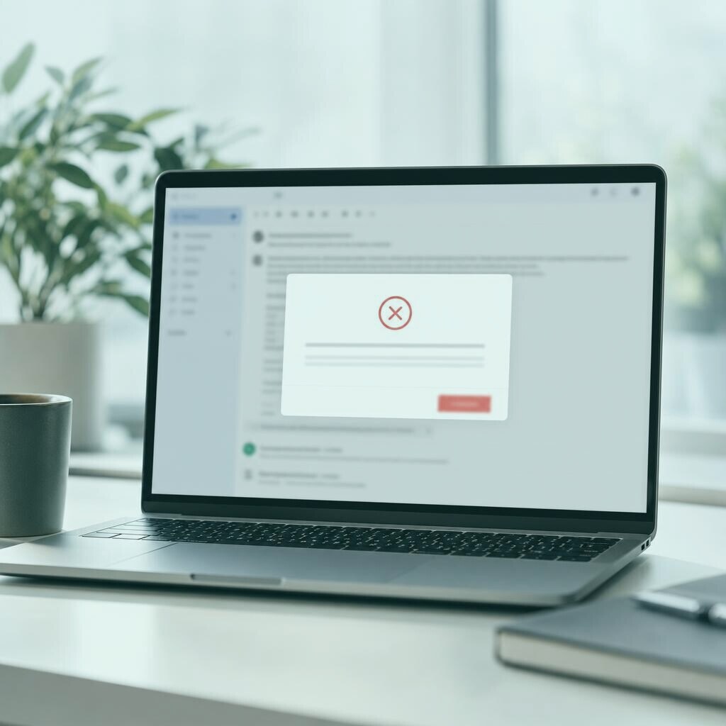 Laptop email interface showing a blocked domain dialog where messages cannot be sent