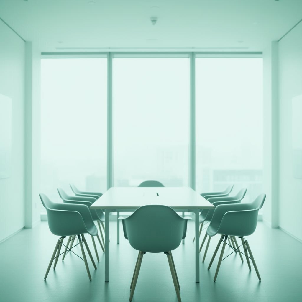 Modern SaaS boardroom with empty chairs around a sleek table
