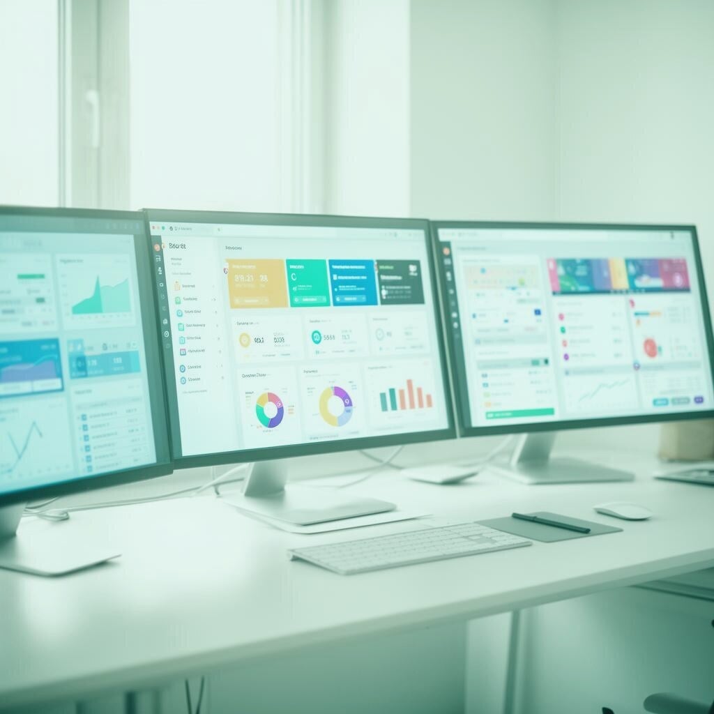 Multi-monitor desk crowded with dashboards and sales tools